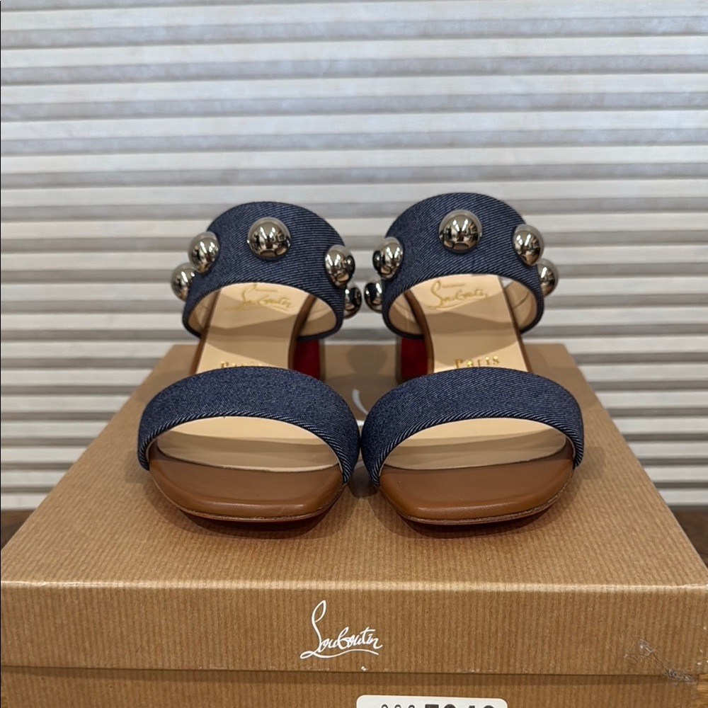 Never Worn - Christian Louboutin Blue and Brown Sandals with Wide Straps